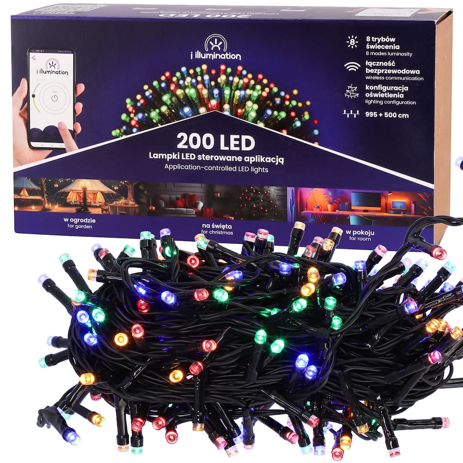 Inteligentne Lampki Multikolorowe 200 Led Z Aplikacją Mobilną Do Dekoracji