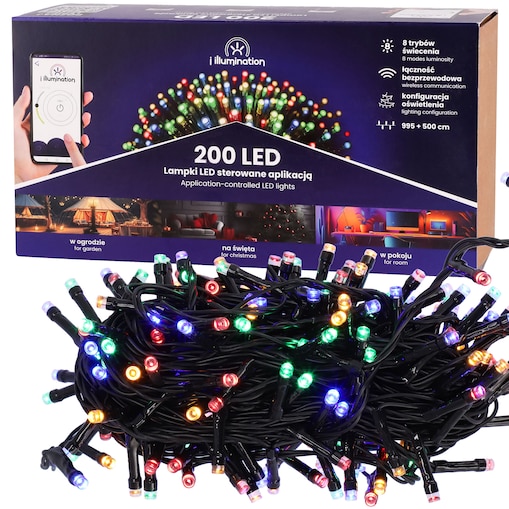 Inteligentne Lampki Multikolorowe 200 Led Z Aplikacją Mobilną Do Dekoracji