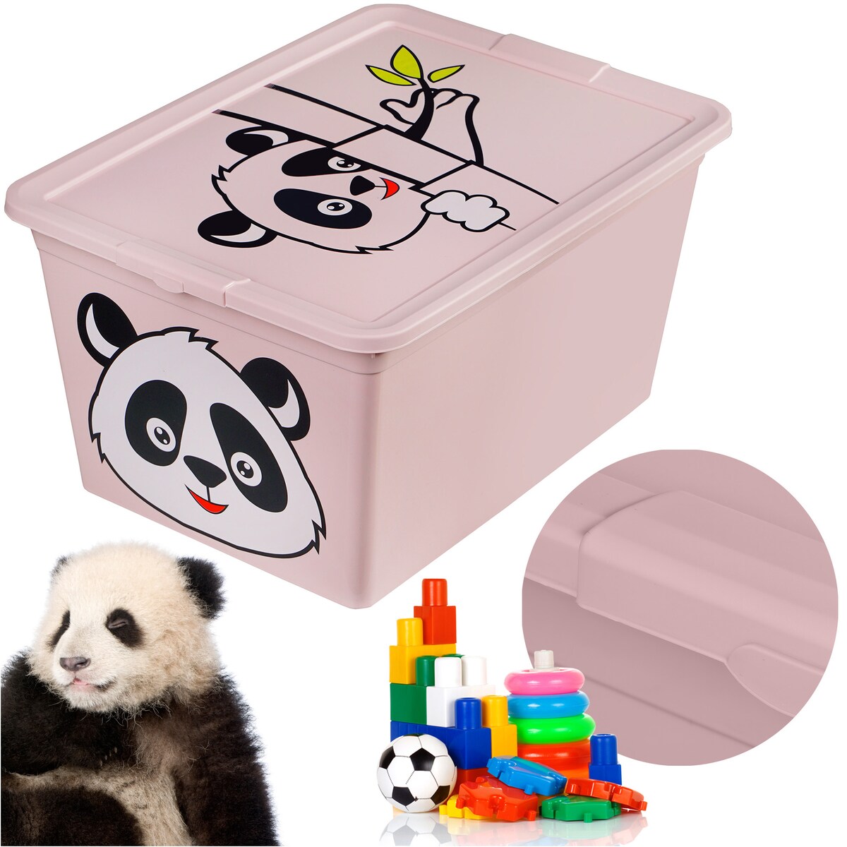Pojemnik Plastikowy Na Zabawki Z Pokrywą 15 L Zamykany Do Pokoju Dzieci Panda Różowy