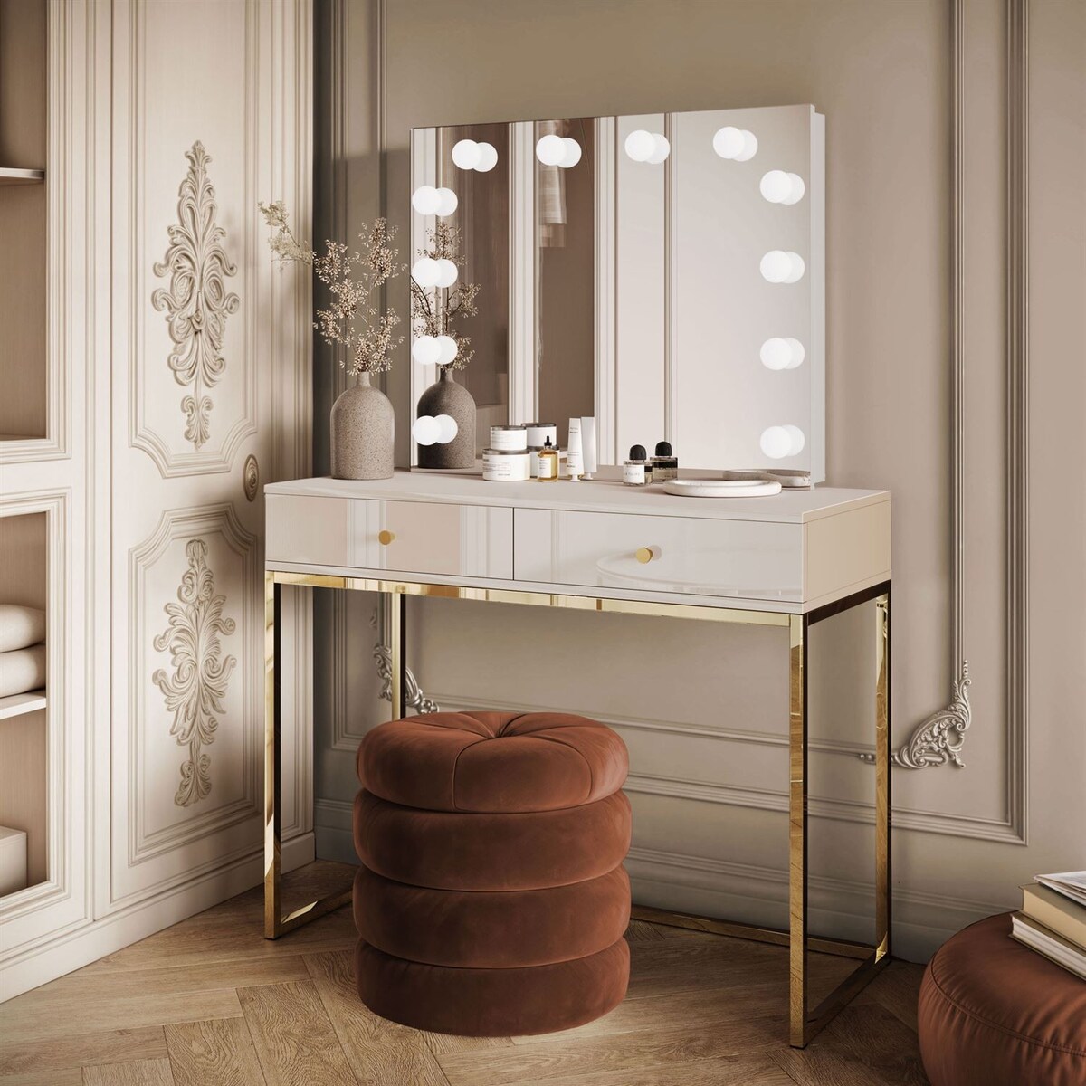 Toaletka kosmetyczna BLANCO KASZMIR ELITE z lustrem i oświetleniem złoty chrom, uchwyt złoty