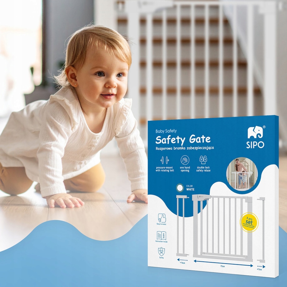 bramka na schody zabezpieczająca, barierka ochronna, sipo, 75-103 cm, biała