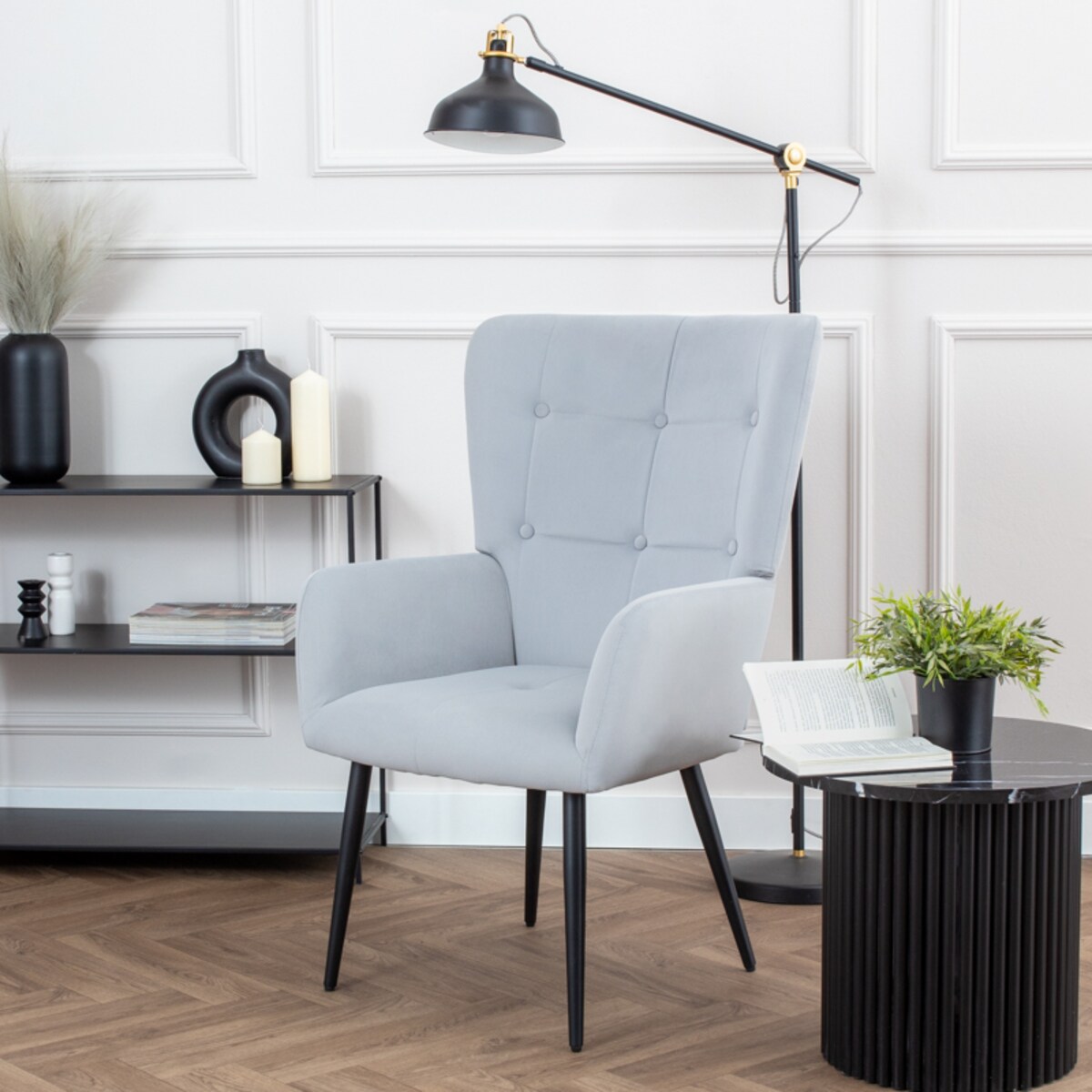 Fotel do salonu wypoczynkowy uszak szary welurowy wygodny tapicerowany