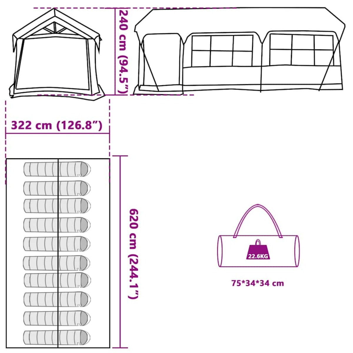 vidaXL Namioty z dachem Zielony 620 x 322 x 240 cm Poliester
