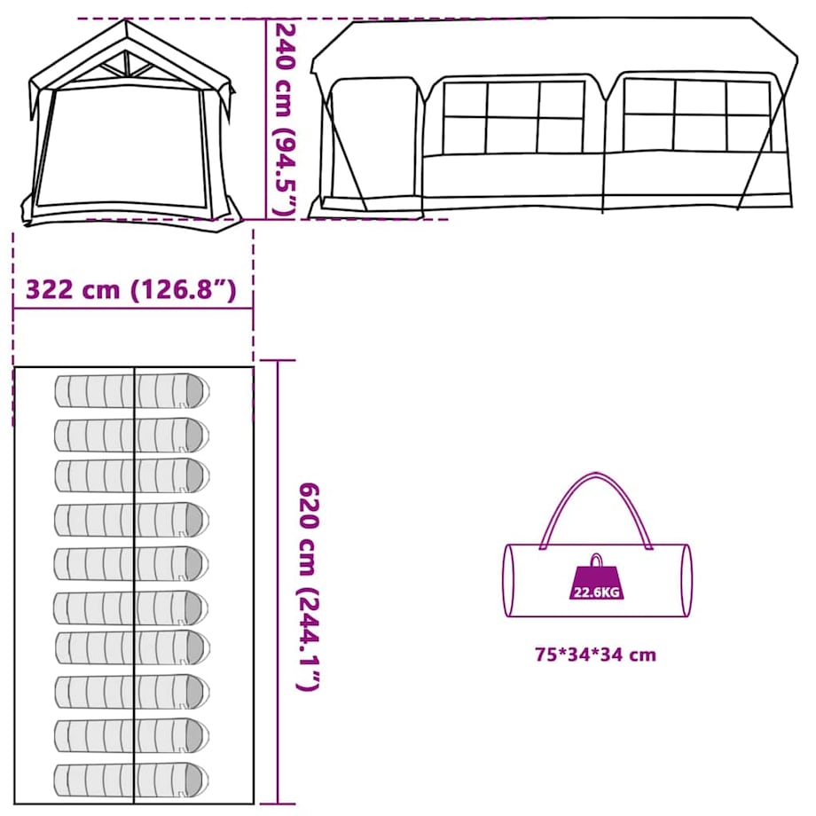 vidaXL Namioty z dachem Zielony 620 x 322 x 240 cm Poliester