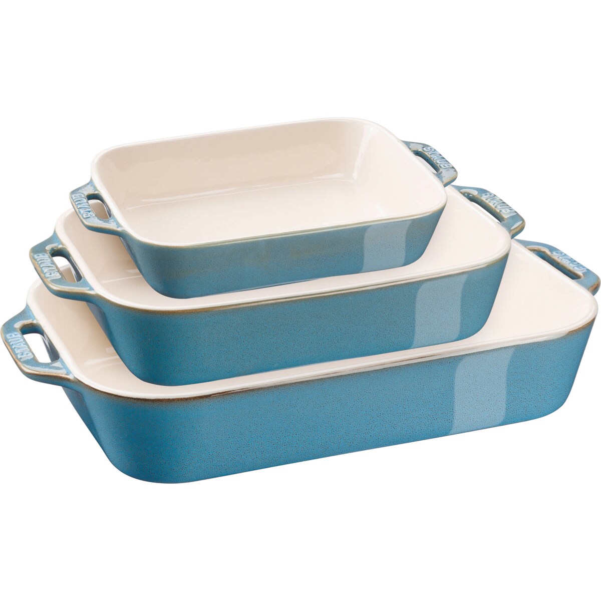 Zestaw 3 prostokątnych półmisków ceramicznych Staub - Antyczny turkusowy