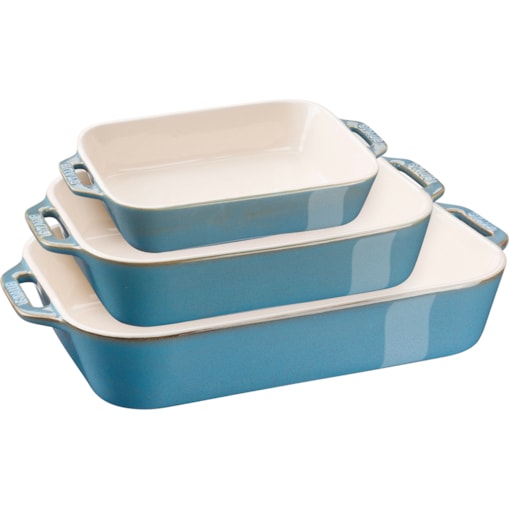 Zestaw 3 prostokątnych półmisków ceramicznych Staub - Antyczny turkusowy
