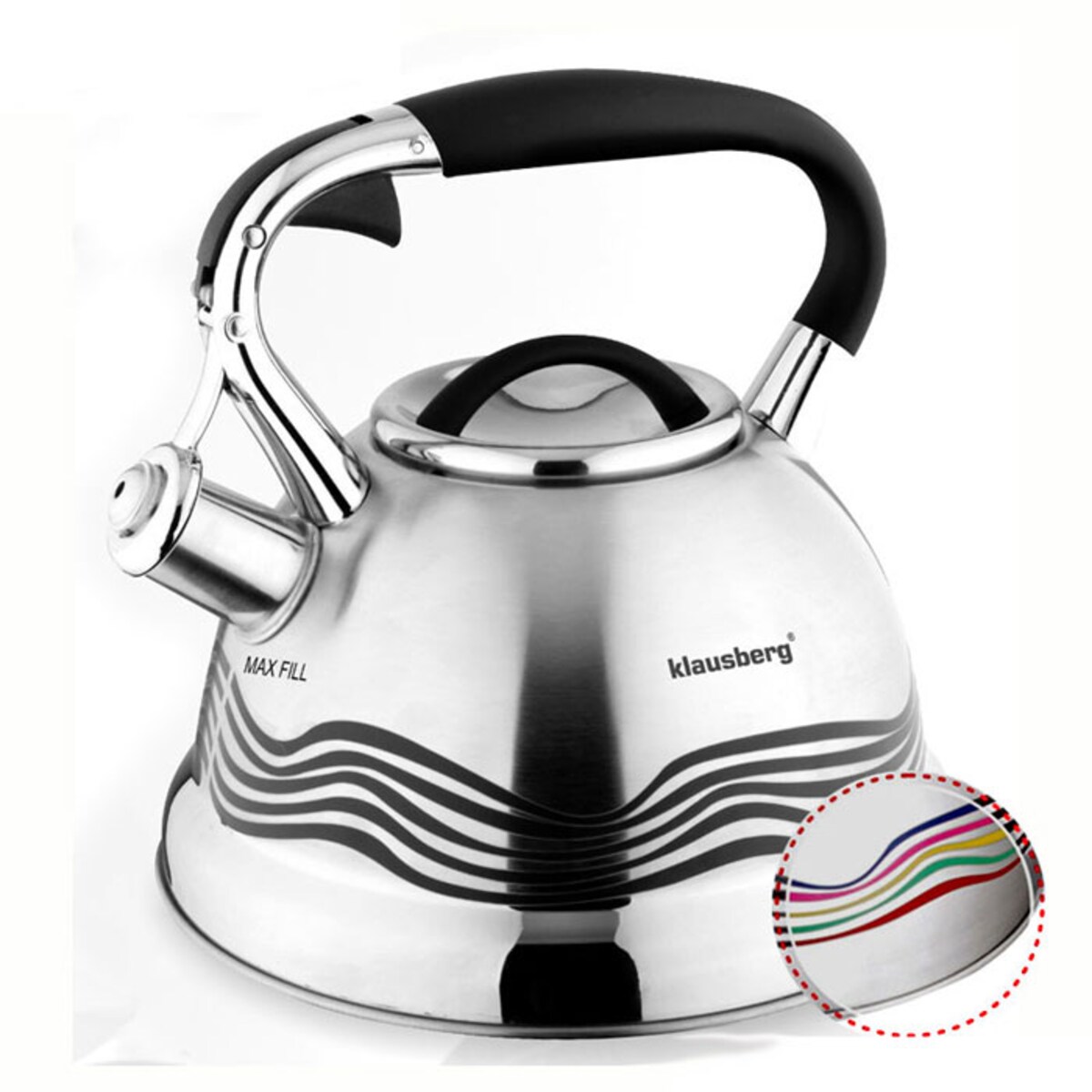 Czajnik stalowy z gwizdkiem Inox 3.0L zmieniający kolor indukcja KLAUSBERG