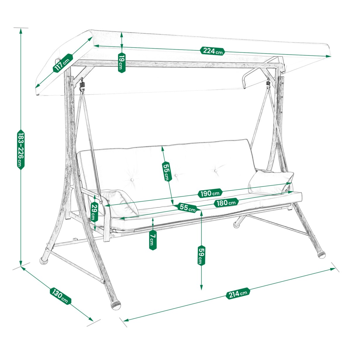 Huśtawka OGRODOWA 3 osobowa bujana z DASZKIEM duża METALOWA wolnostojąca