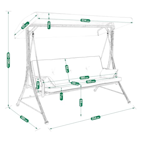 Huśtawka OGRODOWA 3 osobowa bujana z DASZKIEM duża METALOWA wolnostojąca