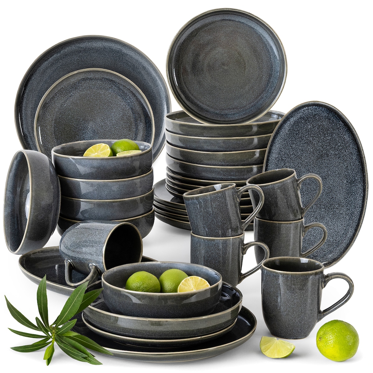 EDA Zestaw obiadowy 6 os. (32 el.), niebieski/szary/beżowy