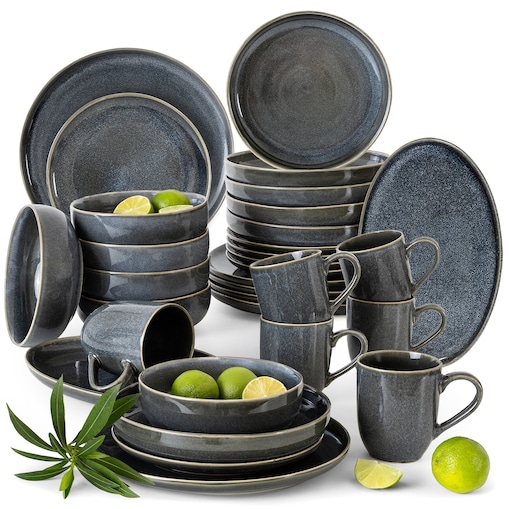 EDA Zestaw obiadowy 6 os. (32 el.), niebieski/szary/beżowy