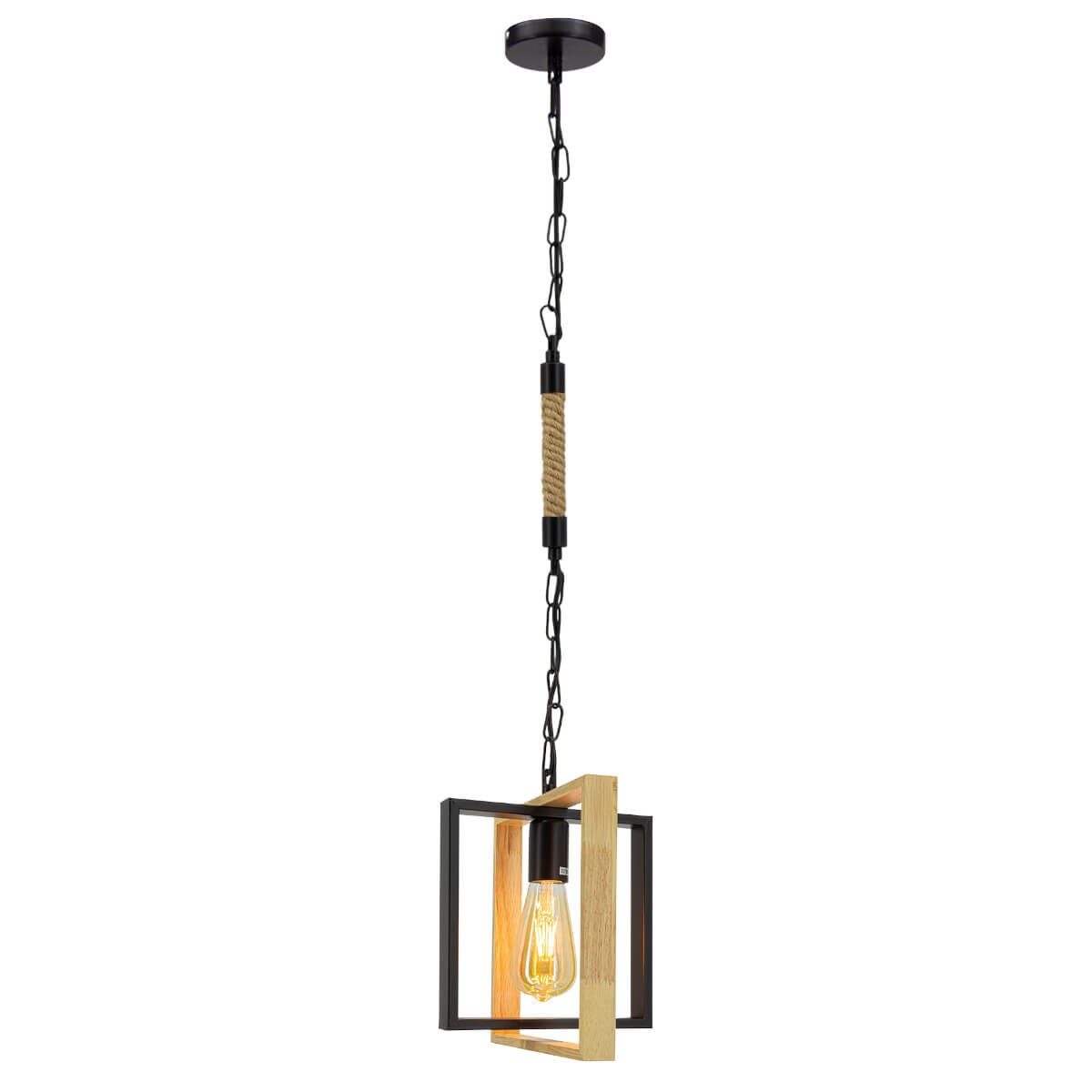 Drewniana lampa wisząca Marco 6300/1 BL JD hygge sznur regulacja czarny brązowy