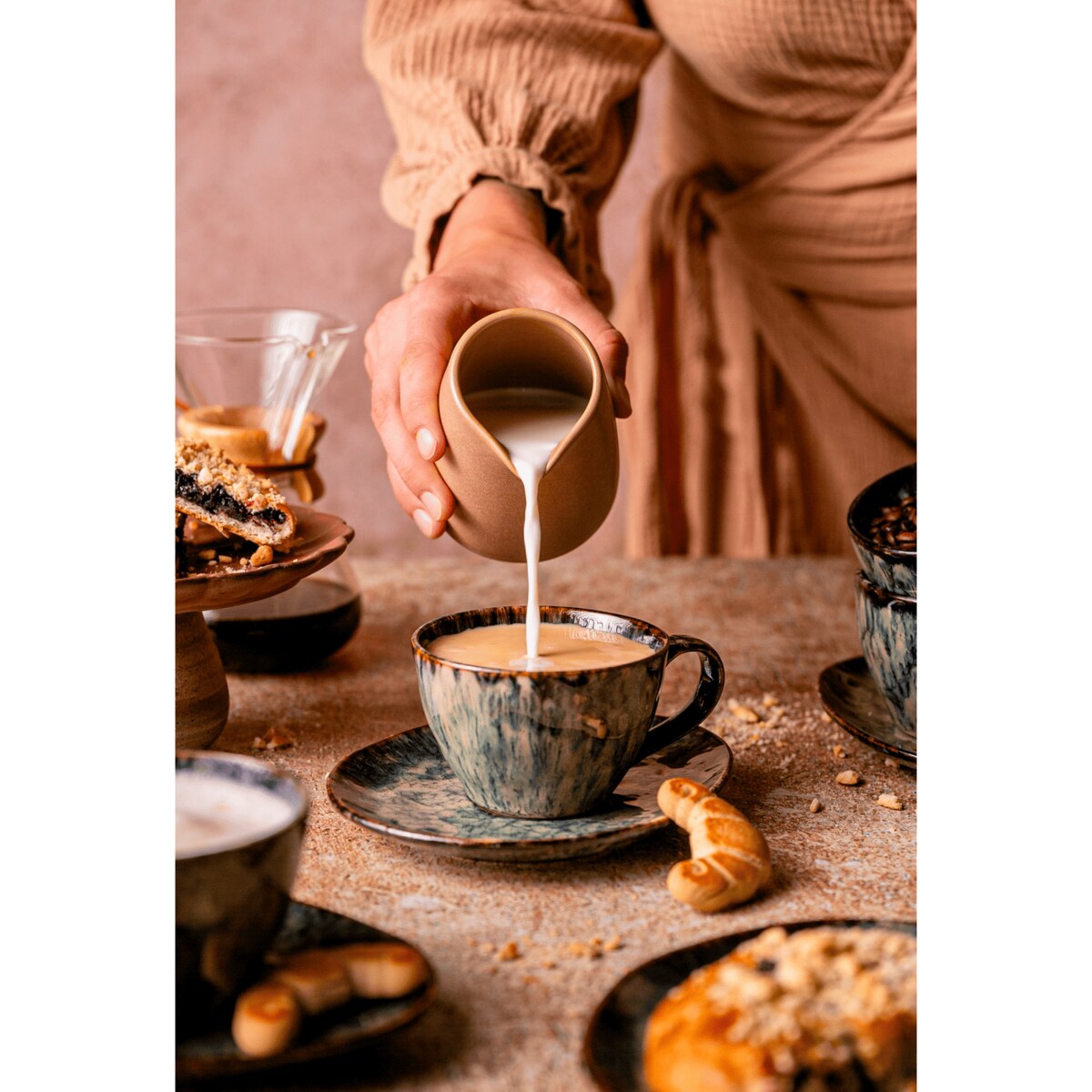 Serwis kawowy Kasai żółto-zielony na 12 osób 24 szt. Nowoczesny Do zmywarki Komplet filiżanka i spodek