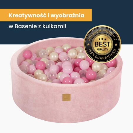 MeowBaby® Velvet Ecru Okrągły Suchy Basen 90x30cm dla Dziecka, piłki: Transparentne/Pastel róż/Biała perła/Szare