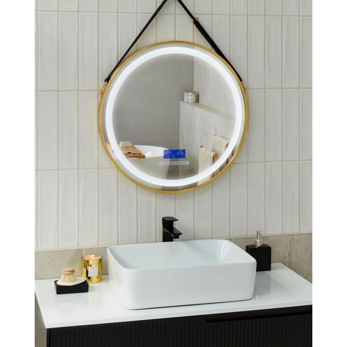 Lustro łazienkowe LED DAROIS 60 cm 60 cm Wbudowany głośnik Bluetooth Złoty