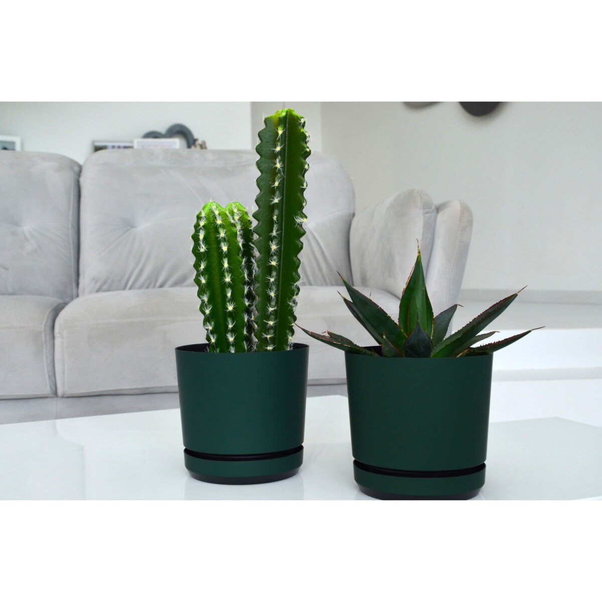 12 cm wzór ZIELONA BUTELKOWA Doniczka z podstawką ciemna zieleń satynowa matowa