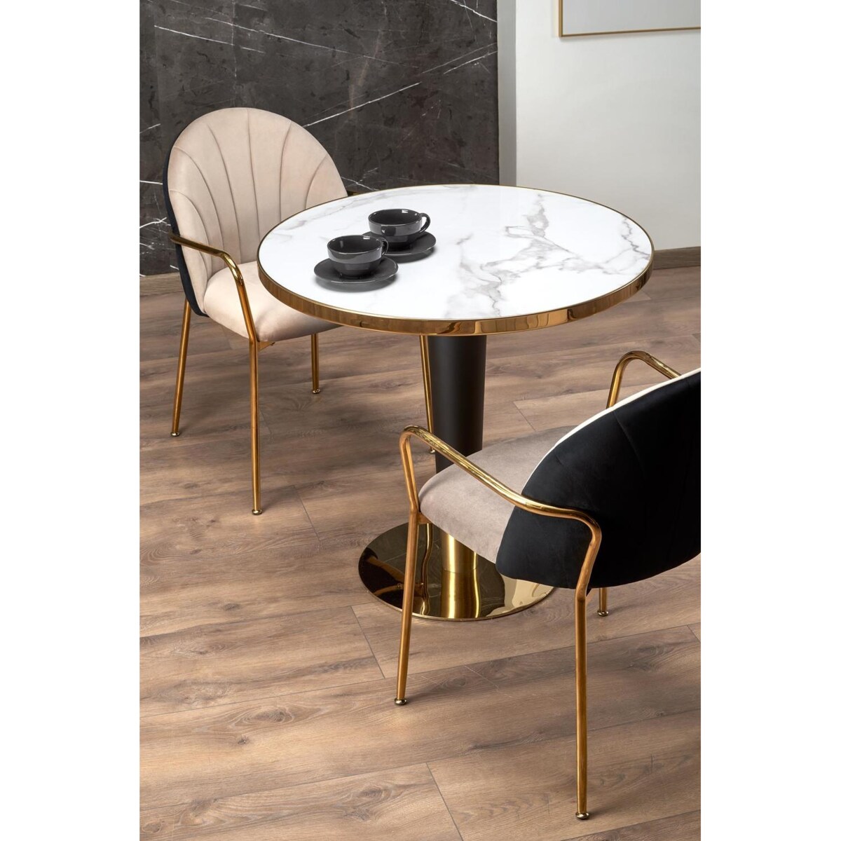 STÓŁ OKRĄGŁY Mosa biały CERAMICZNY BLAT czarno-złota noga