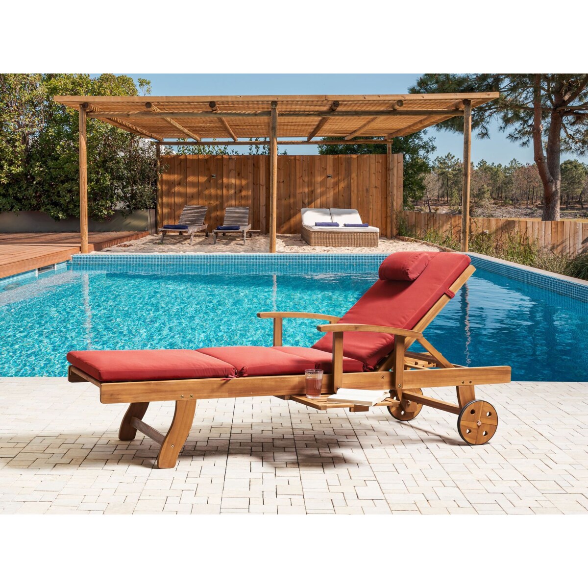 Leżak ogrodowy z poduszką JAVA PREMIUM Drewno akacjowe Czerwony