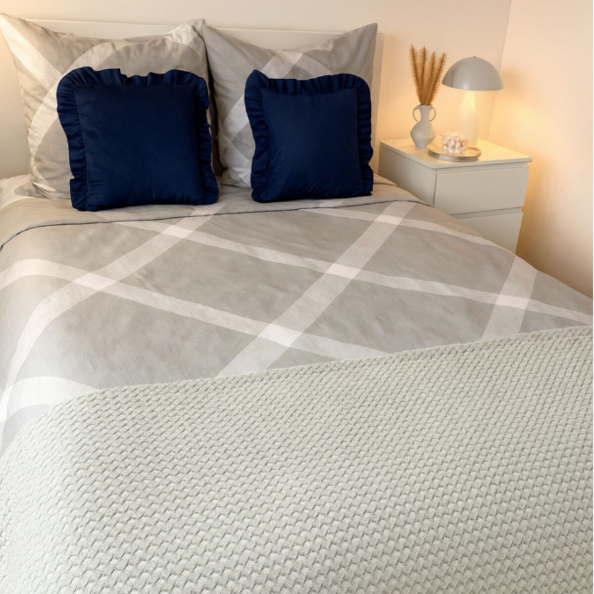 Pościel bawełniana satynowa 200x220 cm Szara Krata Polska