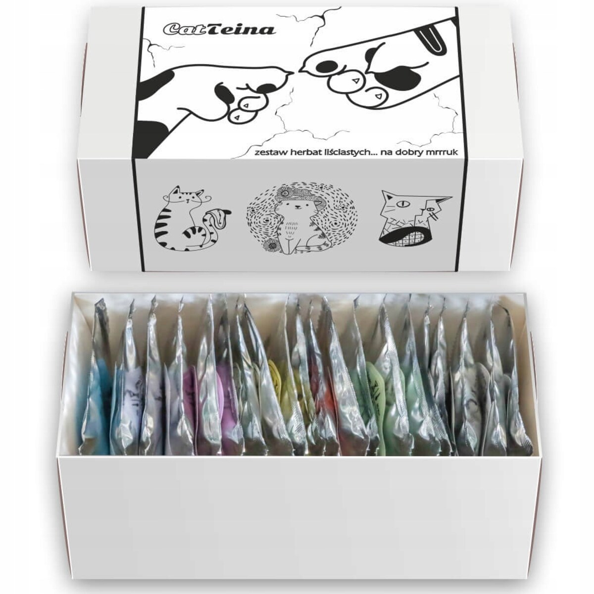 Zestaw prezentowy upominkowy CAT-TEINA mix box 20 różnych smaków herbat sypanych - prezent upominek dla kobiety faceta mamy taty babci dziadka