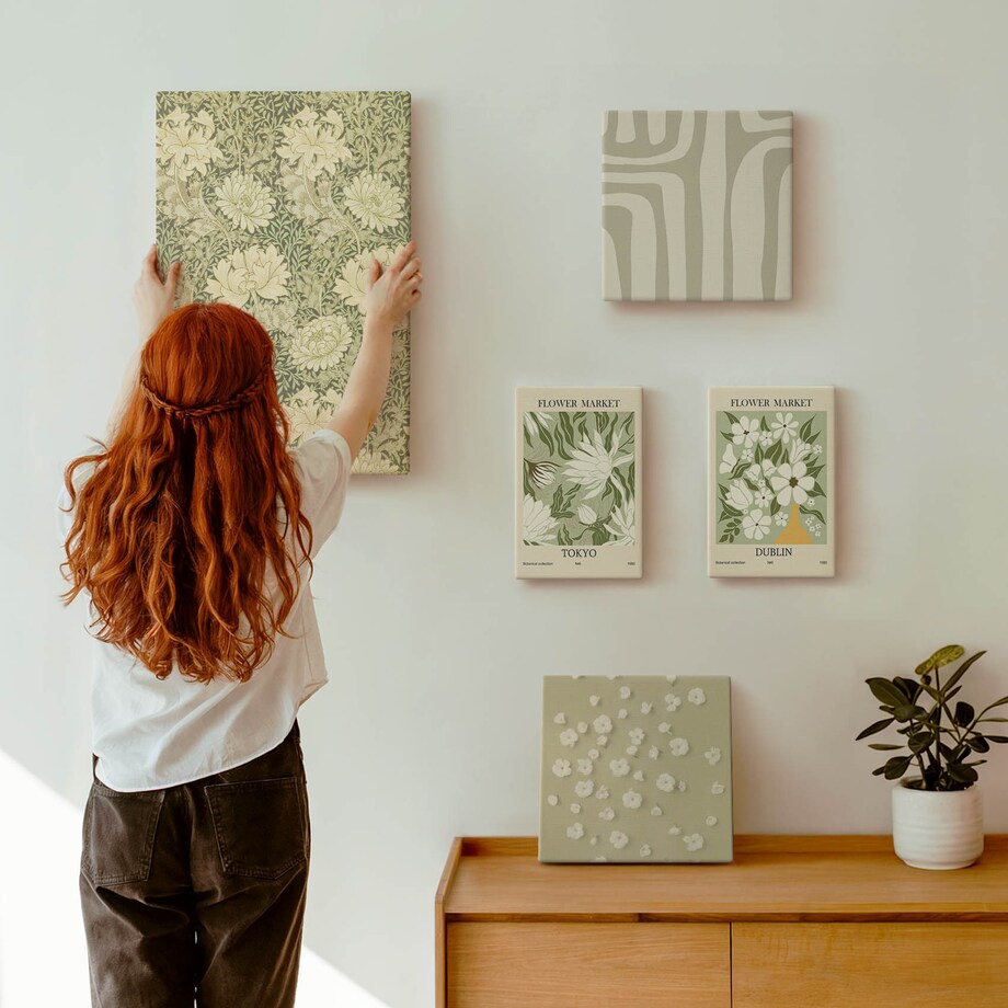 Zestaw 5 obrazów na płótnie - Roślinne boho z kwiatami - zielony