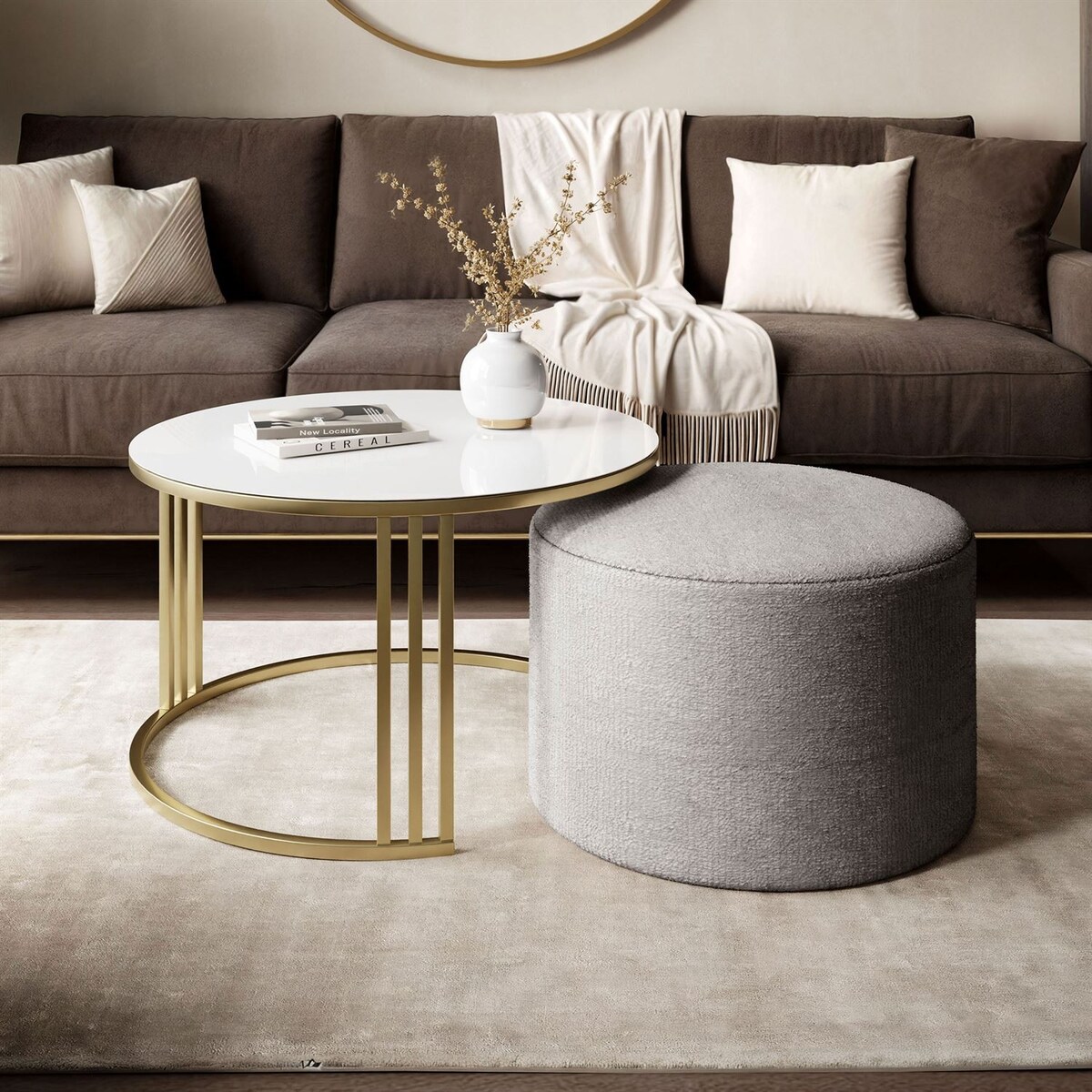 Stolik kawowy z pufą LORI GLASS złoto szczotkowane, białe szkło / Perfect Harmony 82