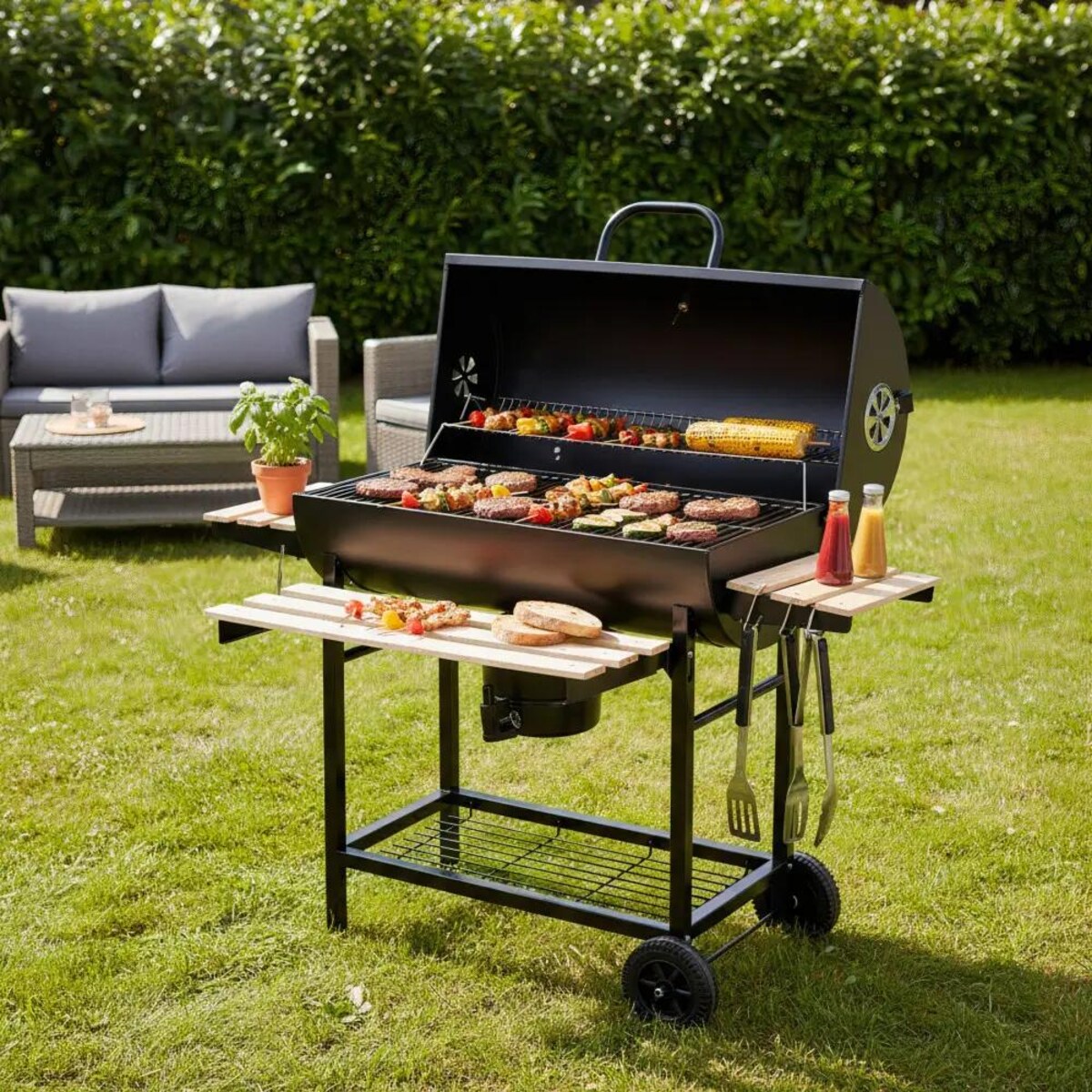 Duży grill ogrodowy węglowy pokrywa + półki + popielnik popielnica KLAUSBERG
