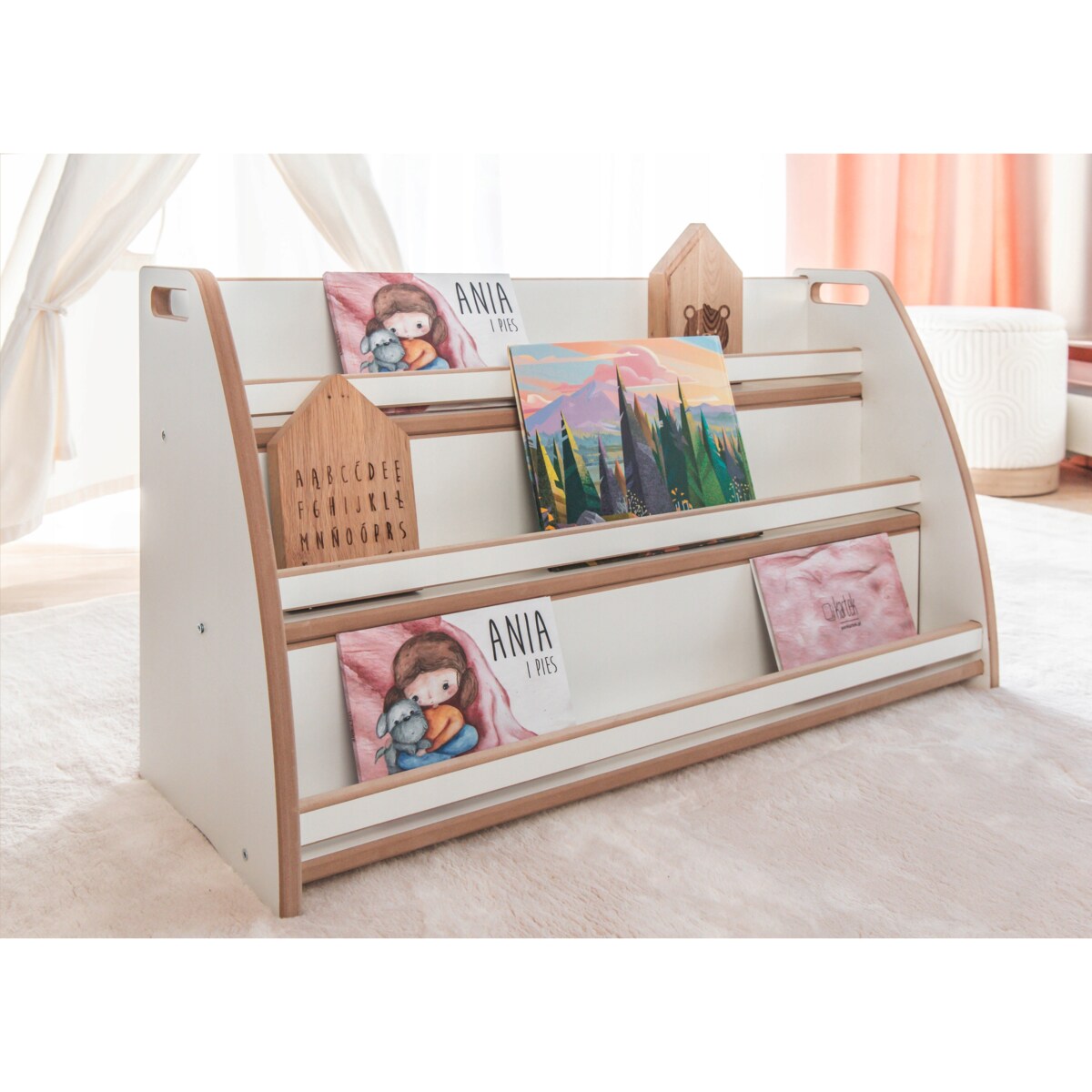 BIBLIOTECZKA MONTESSORI Regał organizer na książki dzieci L dziecięcego CE