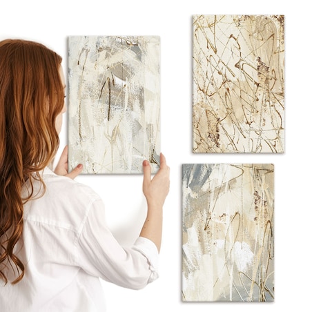 Zestaw 3 małych obrazów na płótnie - Abstrakcyjne wzory beż szarość - żółty