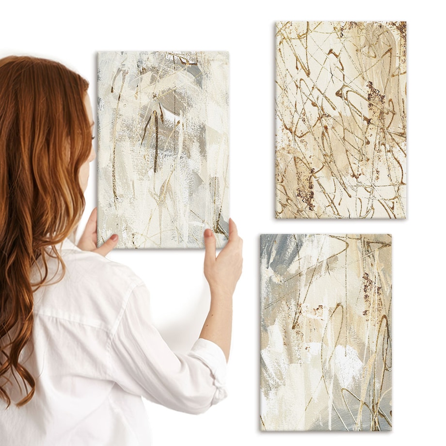 Zestaw 3 małych obrazów na płótnie - Abstrakcyjne wzory beż szarość - żółty