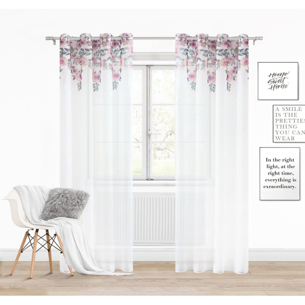 Biała Zasłona do Salonu w Kwiaty 140 x 250 Dekoracyjna Róże Piwonie Kwiaty