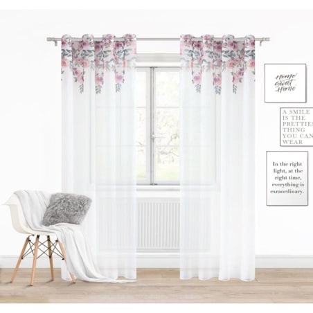 Biała Zasłona do Salonu w Kwiaty 140 x 250 Dekoracyjna Róże Piwonie Kwiaty