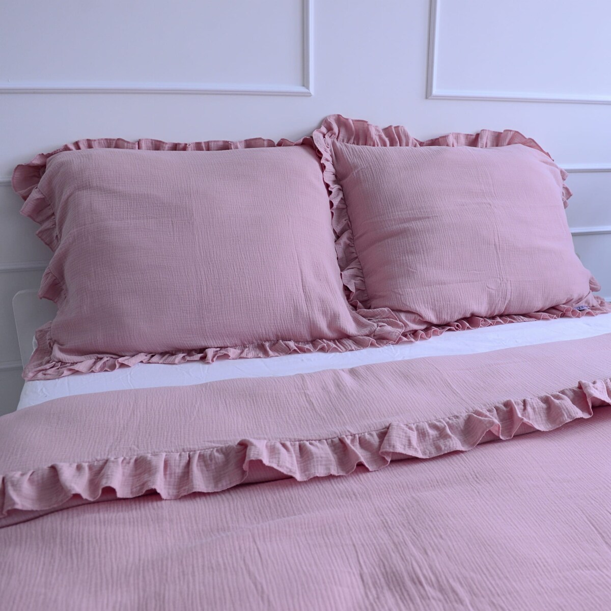 Pościel muślinowa z falbanką boho róż 160x200 + 2x50x60