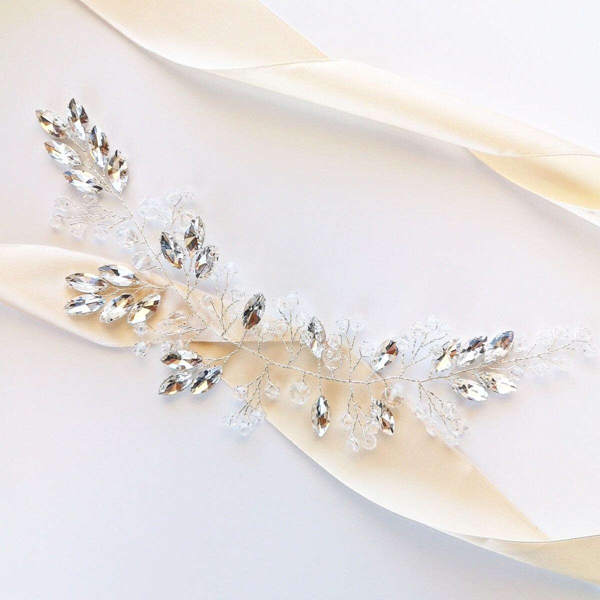 Gałązka ślubna srebrna BOGATA z cyrkoniami i kryształkami