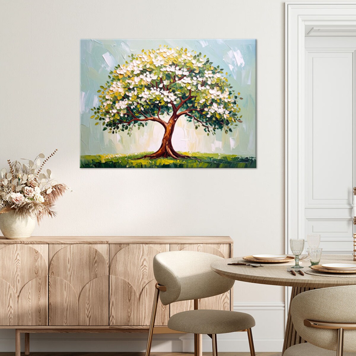 Feeby Obraz do salonu, 3D Zielone Kwitnące Drzewo Życia Kwiaty 60x40