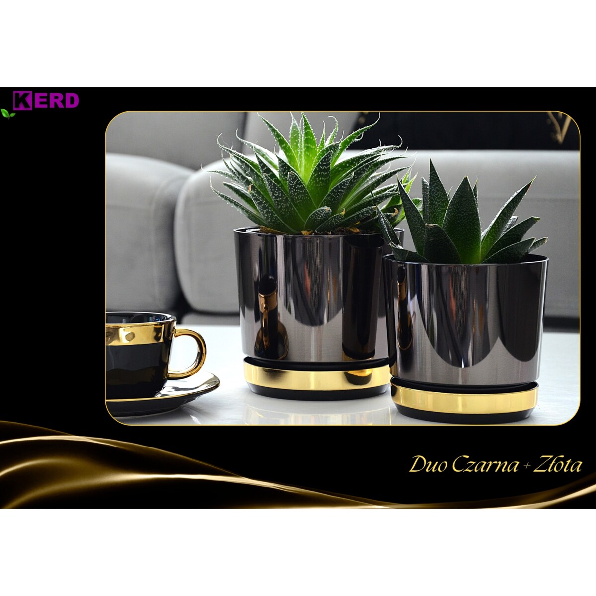 12 Doniczka DUO CZARNA z podstawką ZŁOTA dwukolorowa nowoczesna glamour wysoki połysk metaliczna elegancka