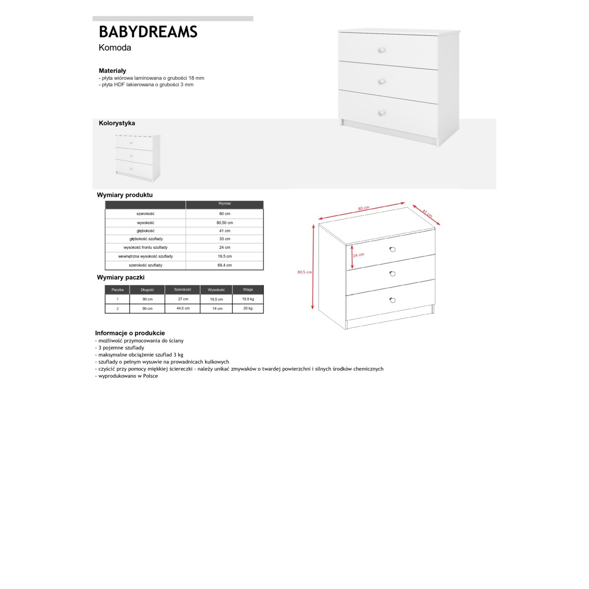Komoda babydreams biała bez wzoru