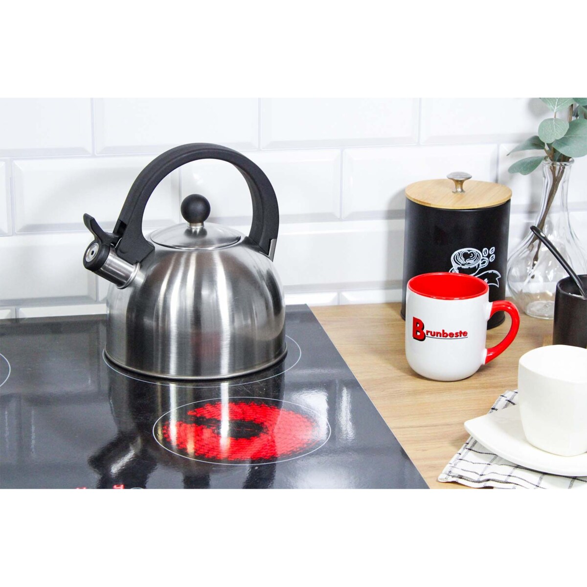 Czajnik stalowy 2.5L Tradycyjny z gwizdkiem srebrny indukcja gaz BRUNBESTE BB-1325