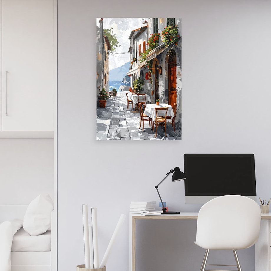 Obraz do salonu restauracji jadalni biura hotelu,Włoska kawiarnia z widokiem na morze i góry 40x60 cm