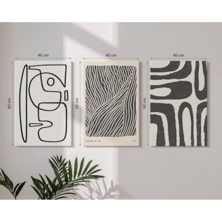 Zestaw 3 dużych obrazów na płótnie - Abstrakcyjne wzory linie tekstury boho - czarno-biały