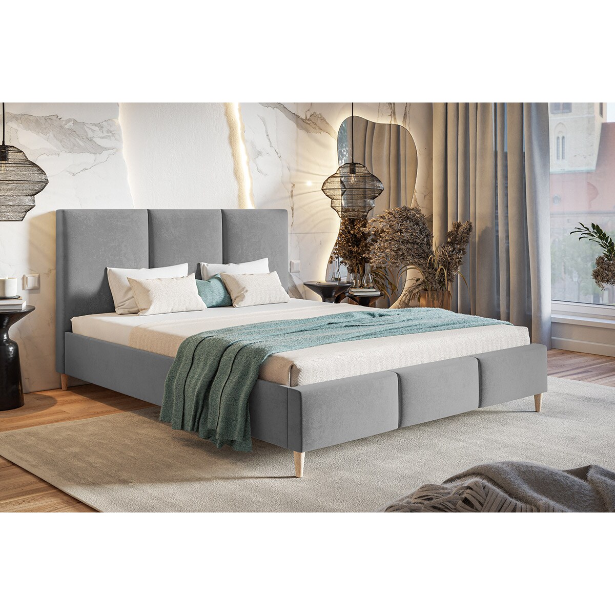 Łóżko sypialniane 180x200 LUXO 7 tapicerowane na wysokich nogach - szare