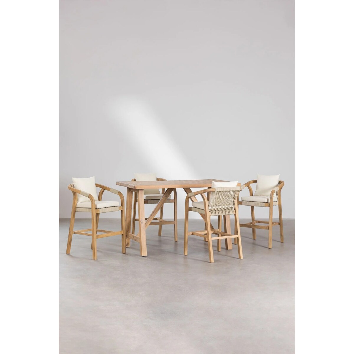 Prostokątny wysoki stół i 4 wysokie krzesła z drewna akacjowego Dubai