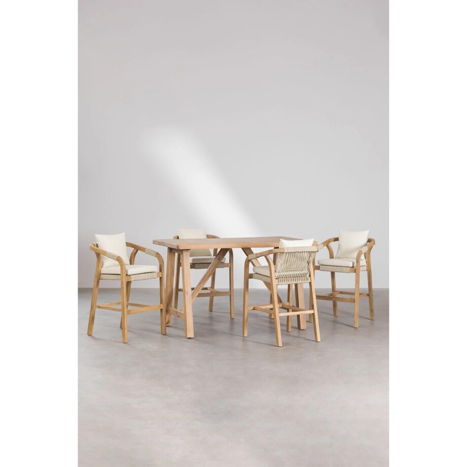 Prostokątny wysoki stół i 4 wysokie krzesła z drewna akacjowego Dubai