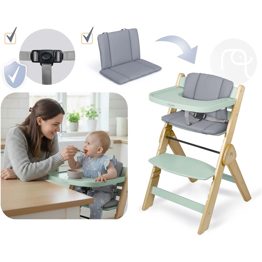 Drewniane krzesełko do karmienia Nukido składane regulowane pasy 702003