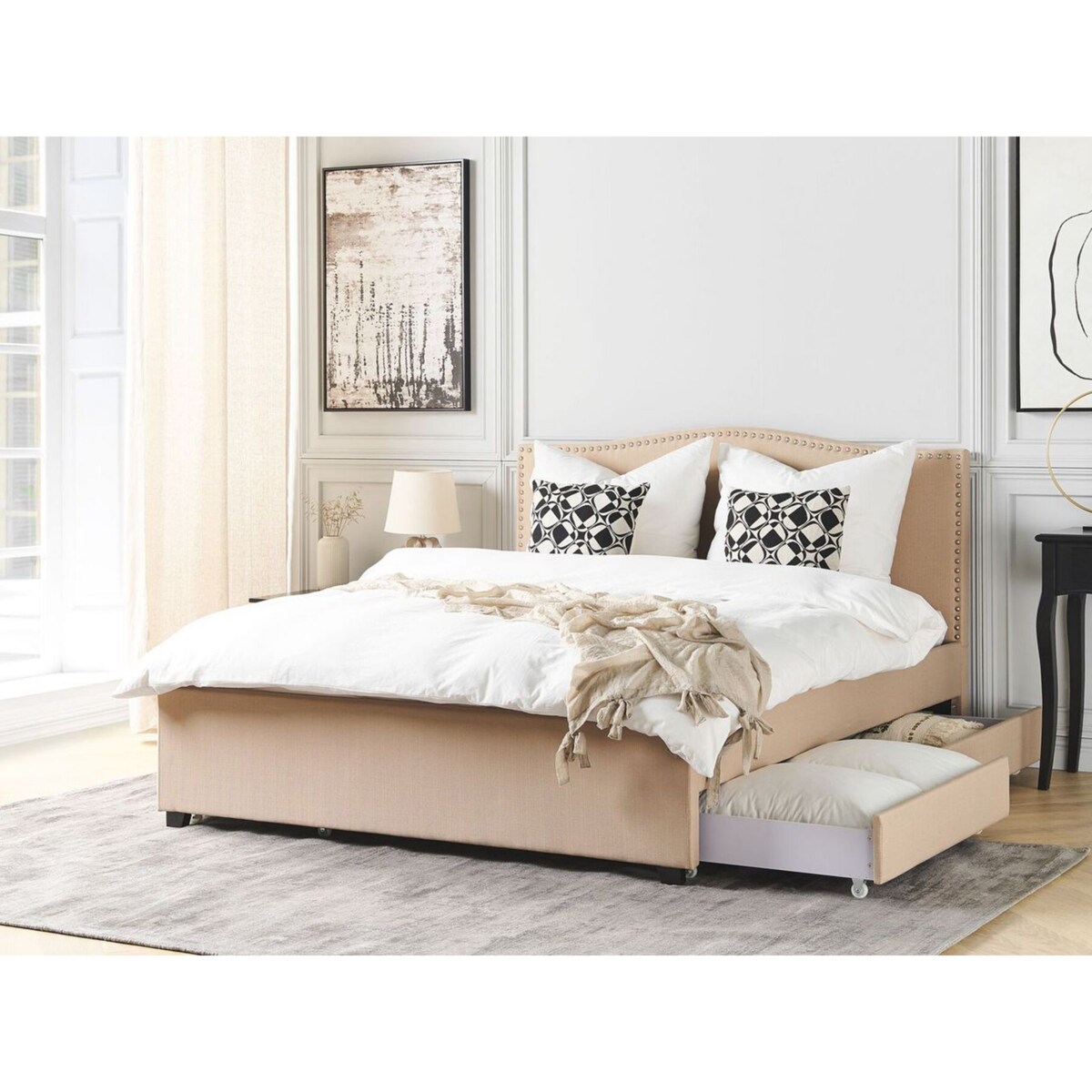 Łóżko z szufladami tapicerowane 180 x 200 cm beżowe MONTPELLIER