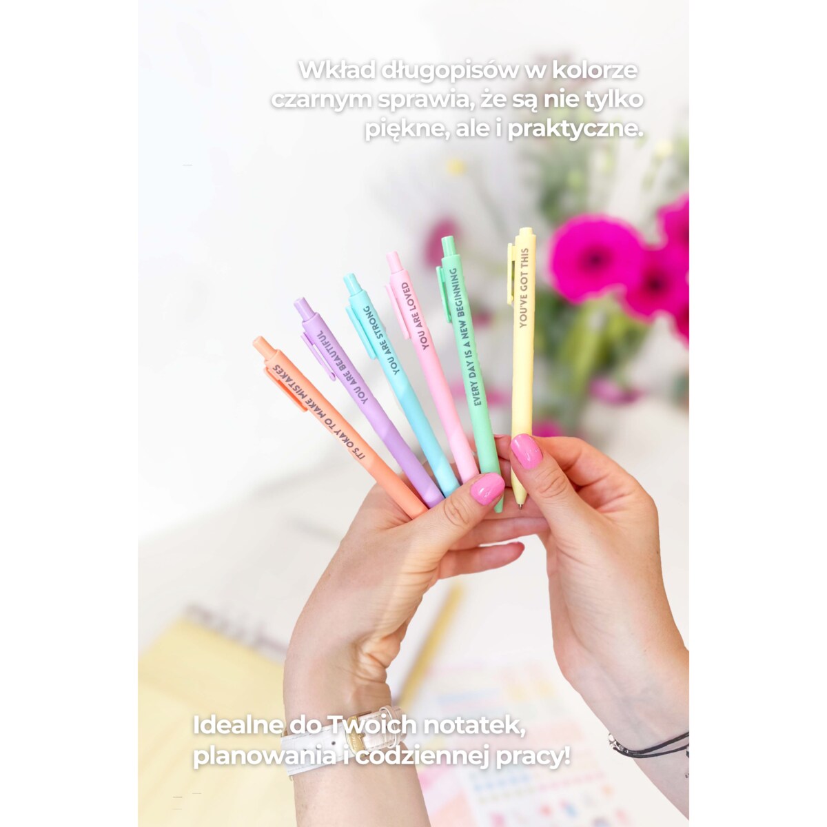 Zestaw pastelowych długopisów z motywującymi cytatami!