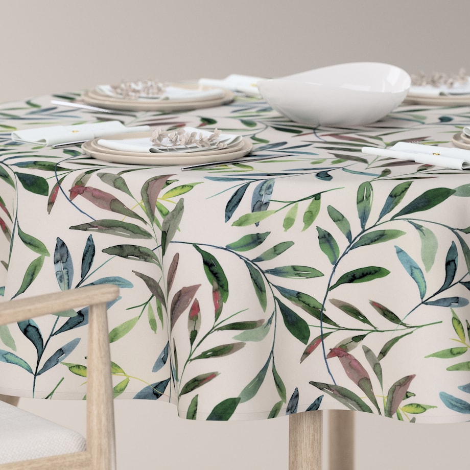 Obrus okrągły 160 x 160 cm zielone gałązki na białym tle