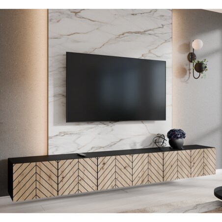 Szafka RTV IGO 300cm zamknięta pod telewizor, jodełka- artisan+czarny