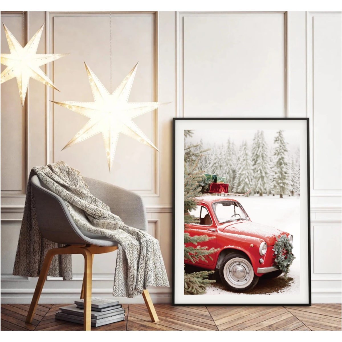 Poster Story, Plakat, Obraz - Świąteczna Podróż Czerwonym Autem, wymiary 21 x 30 cm