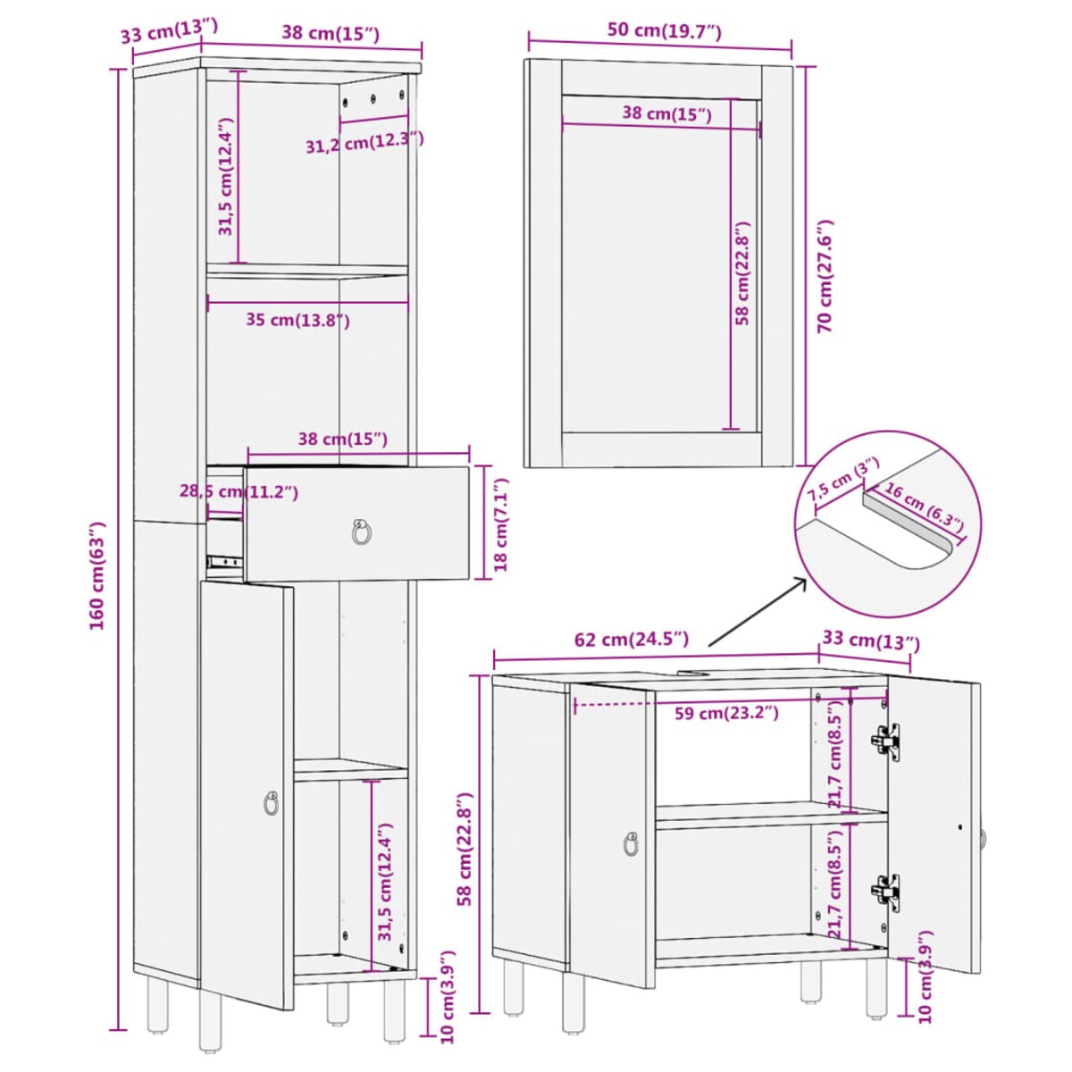 vidaXL 3-cz. zestaw mebli łazienkowych, lite drewno mango
